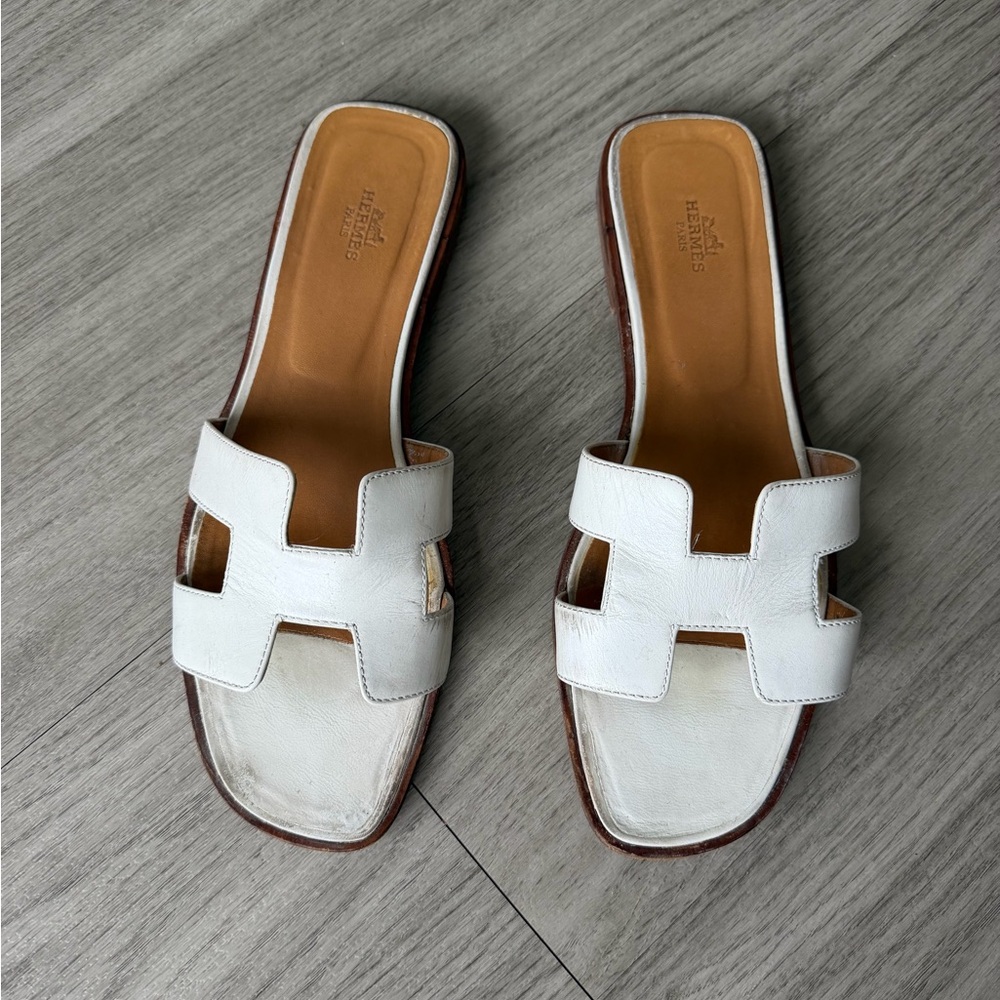 Hermes Oran White Slide Sandals
